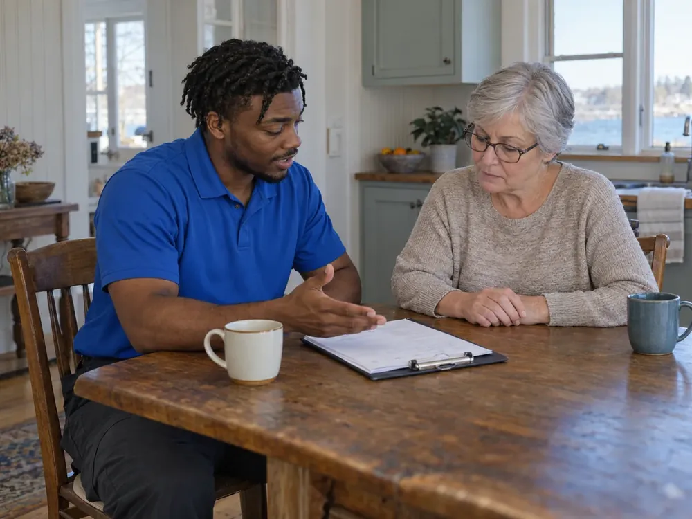 Plumber reviewing a clipboard with a homeowner at a kitchen table beside coffee mugs