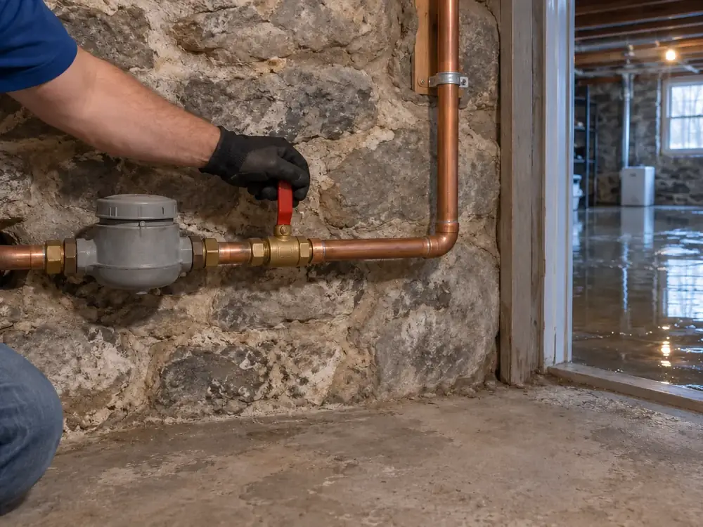Gloved hand closes the red-lever main shutoff on a copper line; water covers the next room's floor
