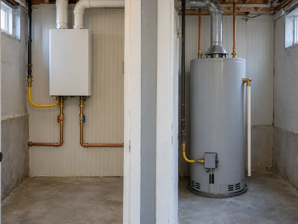 Wall-mounted tankless heater and freestanding tank water heater in neighboring utility rooms