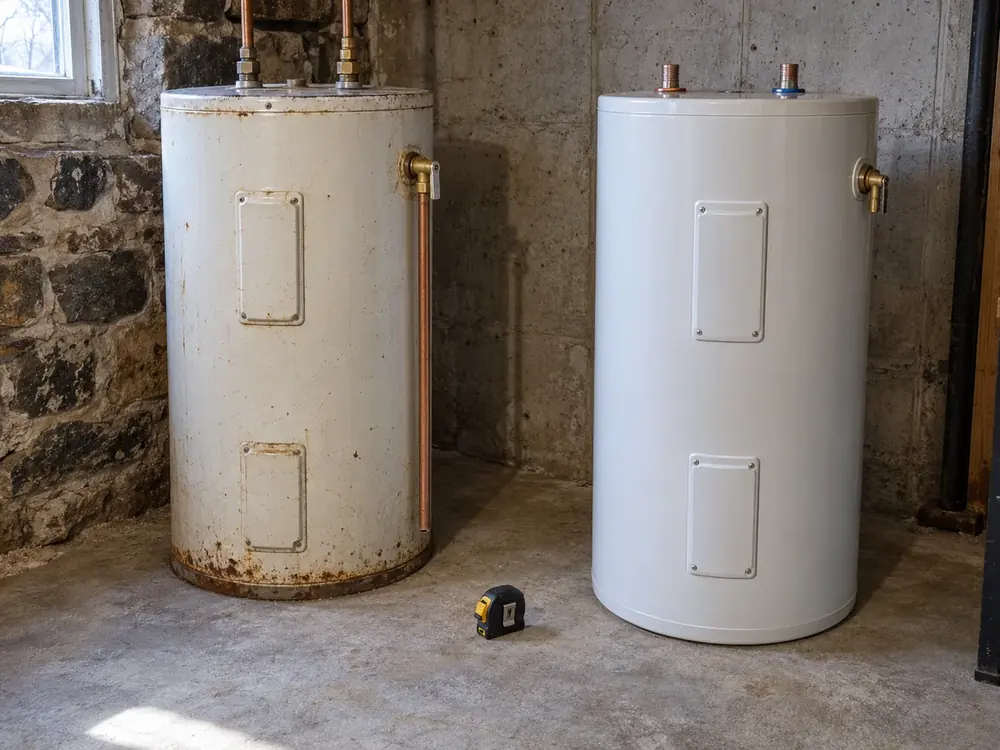 Old and new tank water heaters beside a tape measure on a basement floor