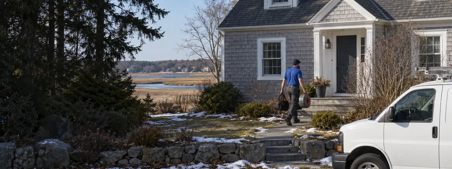 Technician carrying tools approaches a grey-shingled house beside a marsh, with snow on the lawn.