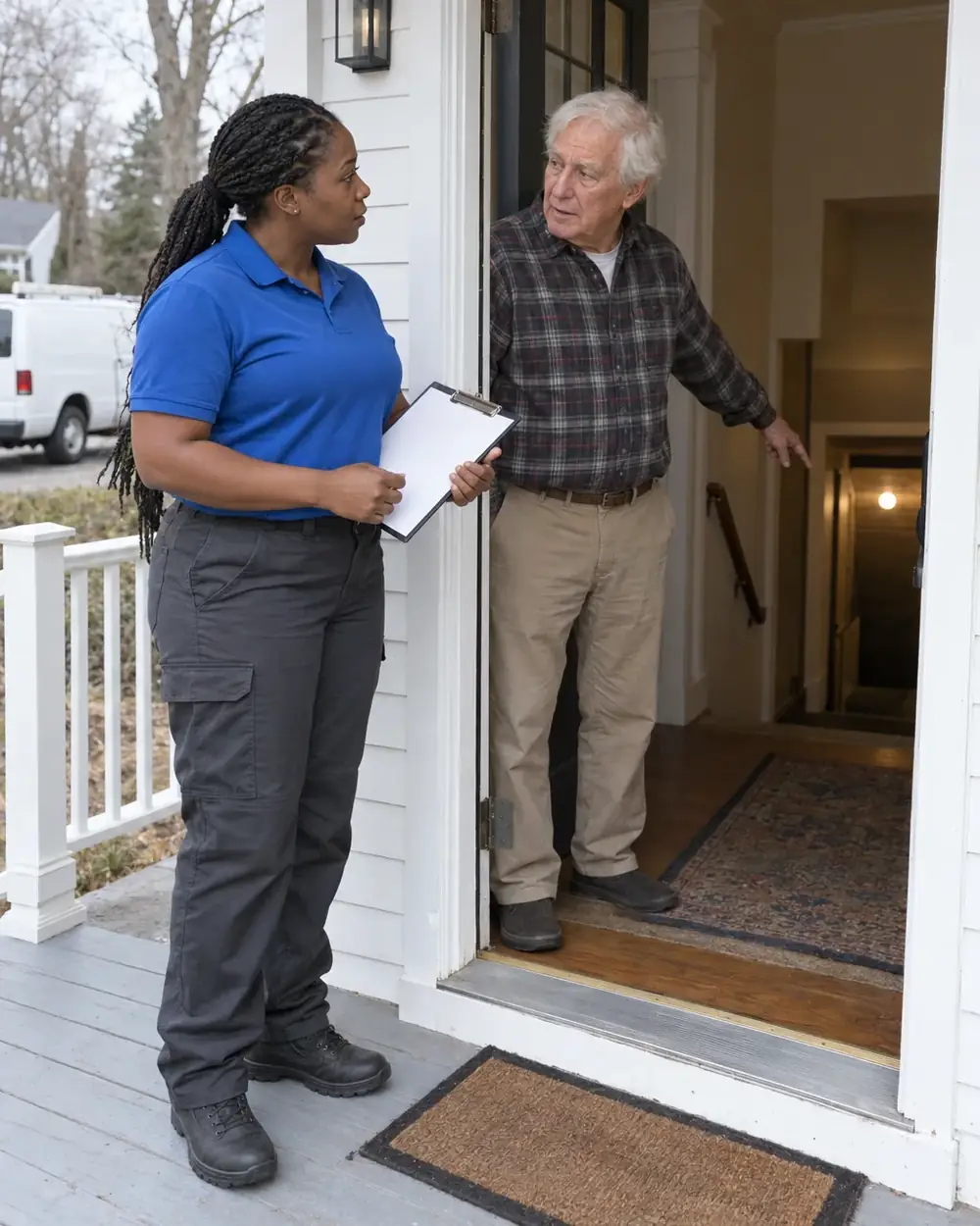 Technician holding a clipboard speaks with a homeowner pointing toward basement stairs.