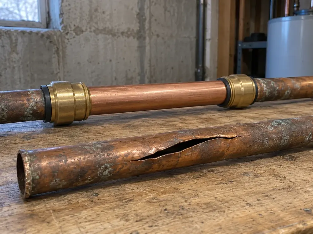 Split copper pipe beside a replacement section with push-fit couplings.
