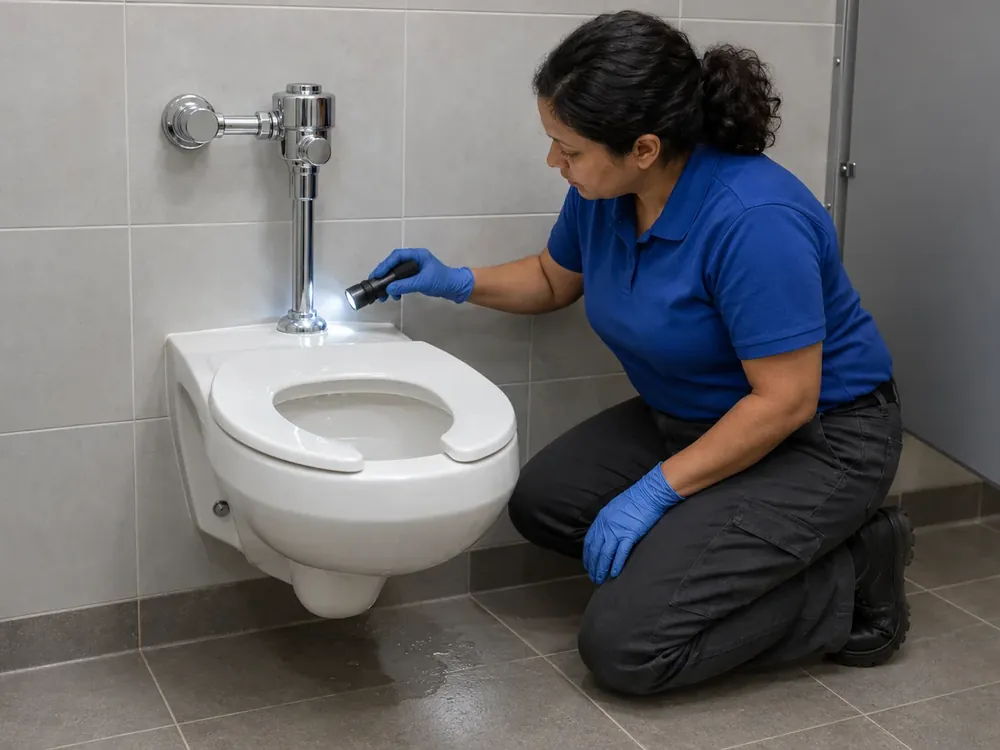 Plumber kneels by a leaking wall-hung toilet and shines a flashlight where the flush pipe meets the bowl.