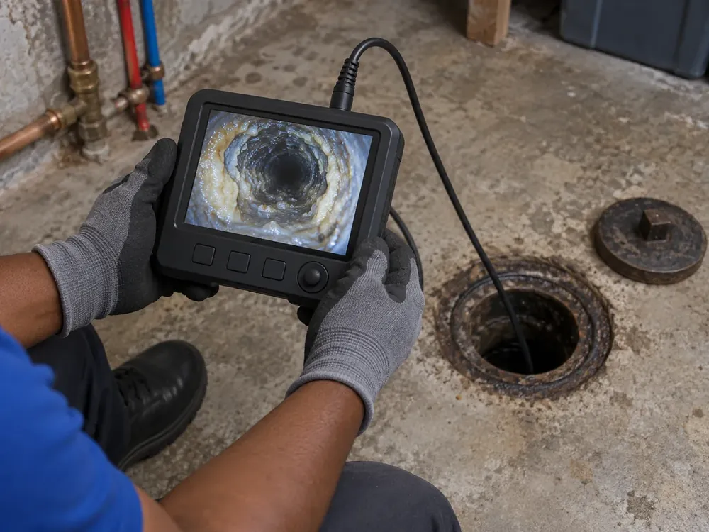Gloved hands hold a camera monitor showing grease buildup beside a basement cleanout.