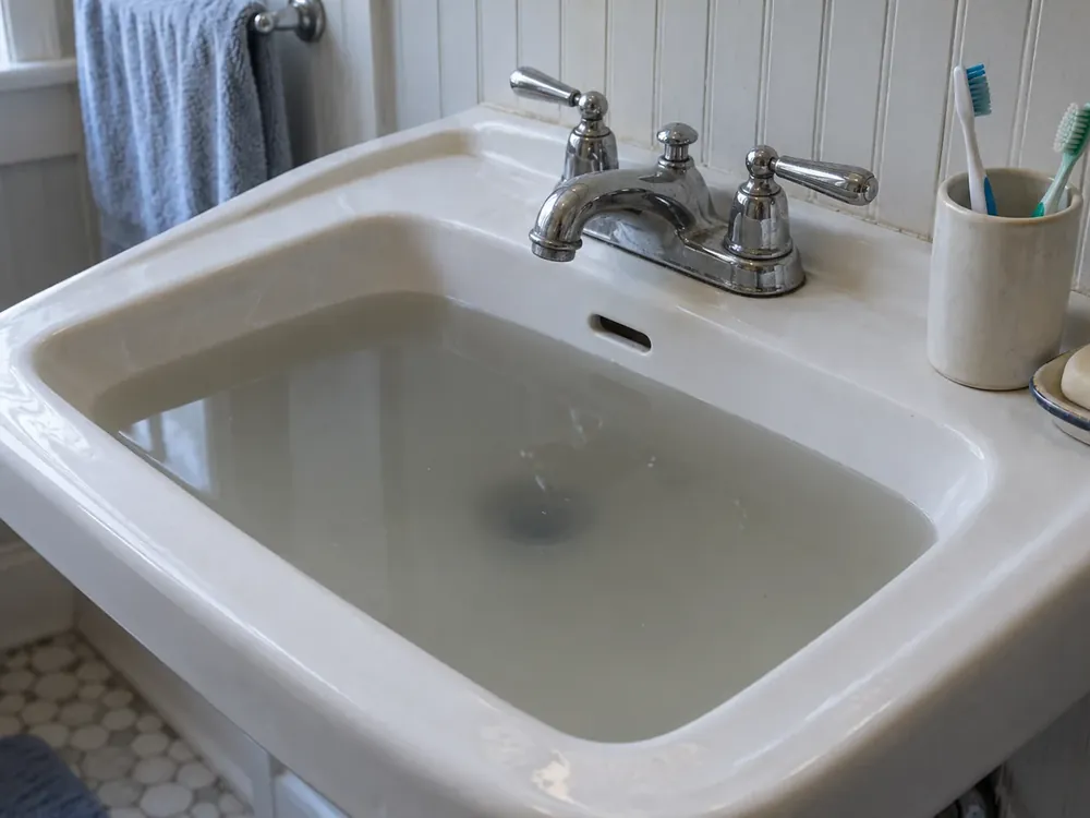 Bathroom sink holds standing grey water beside a toothbrush cup in window light.