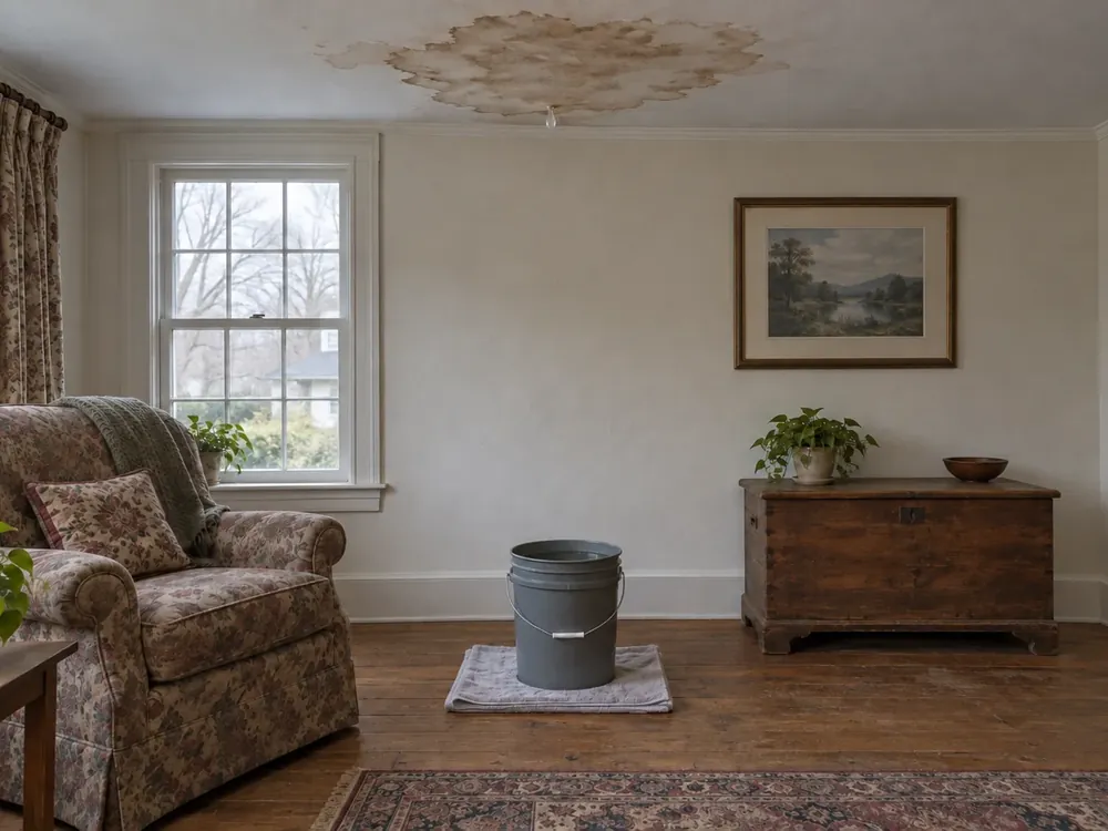 A brown ceiling stain drips into a grey bucket on a folded towel in a living room.