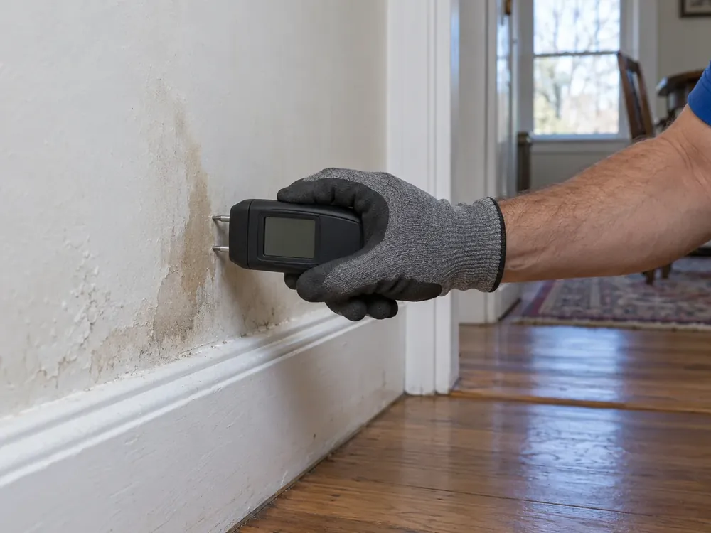 A gloved hand presses moisture meter pins against damp drywall near a baseboard.
