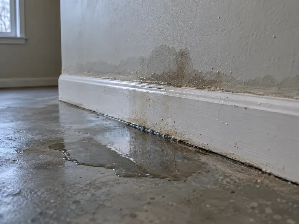 Low close view of damp, stained wall and baseboard, with a puddle spreading across concrete basement floor.