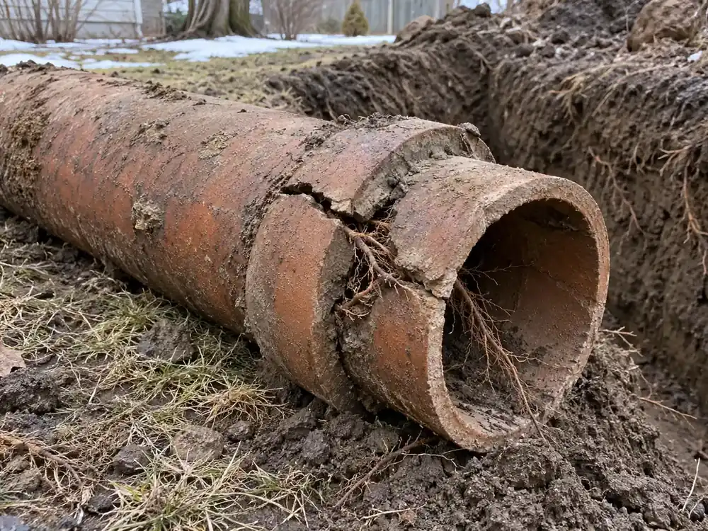 Cracked clay sewer pipe with fine roots growing through a joint beside a trench.