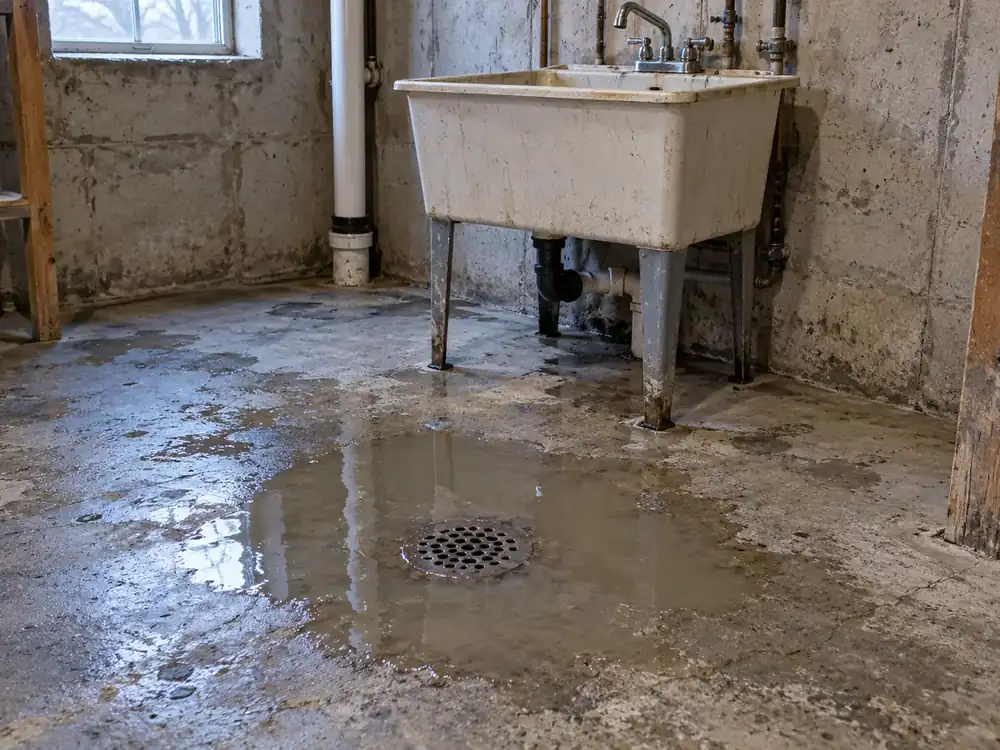 Murky water pools around a basement floor drain beside a laundry sink.