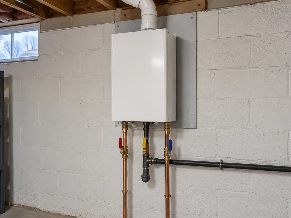 Wall-mounted tankless water heater in a basement with a PVC vent, hot and cold valves and gas shutoff.