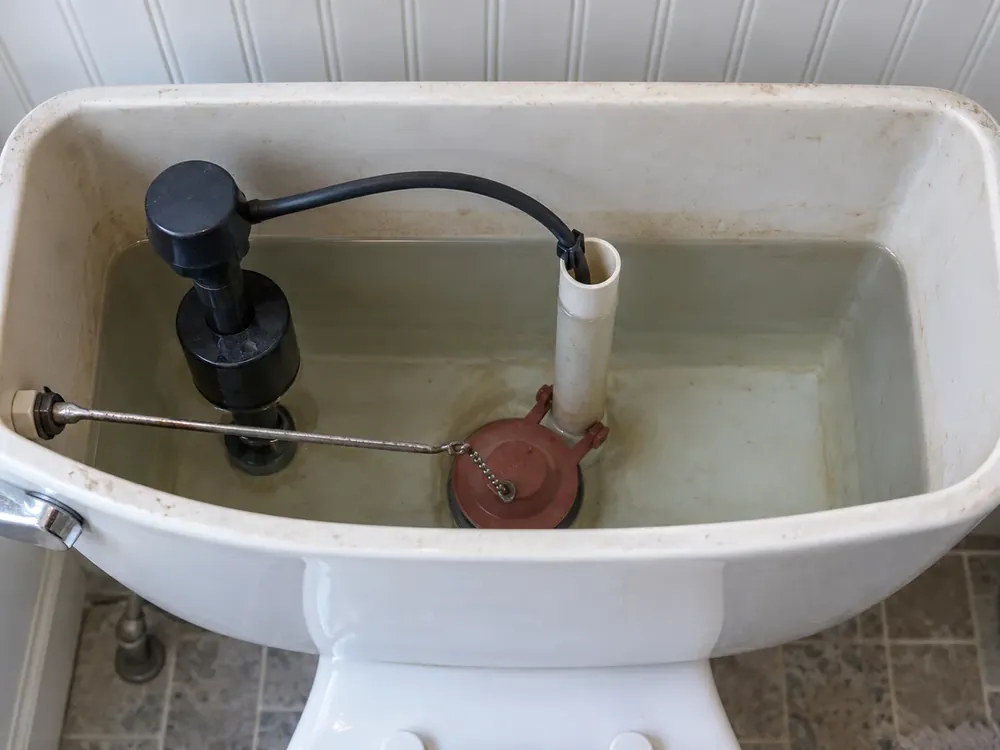 Overhead view into open white toilet tank: fill valve, overflow tube, flush lever arm, and red flapper below.
