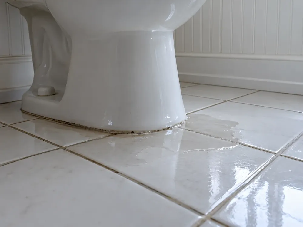 Water seeping from a toilet base across a white tile floor.