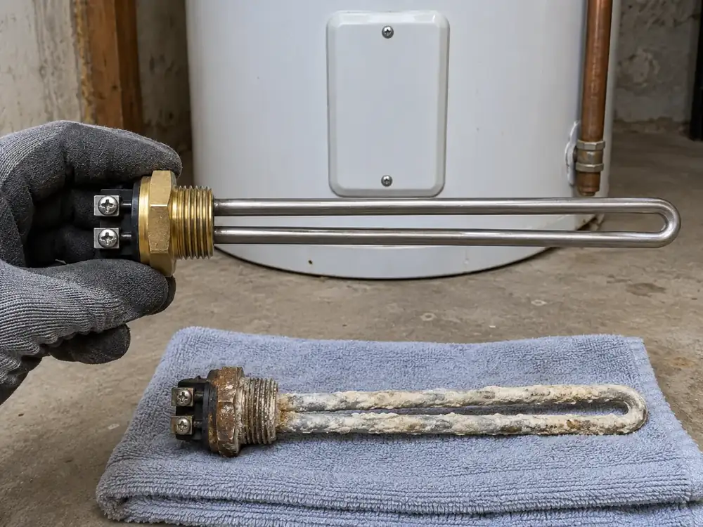 Gloved hand holds a new heating element above the scale-crusted old one beside an electric water heater.