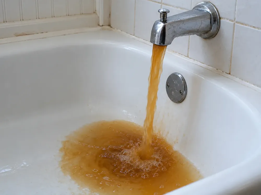Rust-colored water flowing from a bathtub faucet into a white tub