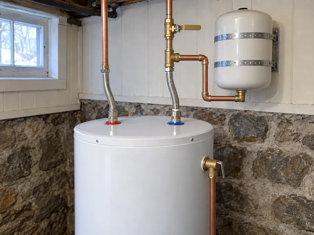 Copper and flexible connections with an expansion tank above a new water heater