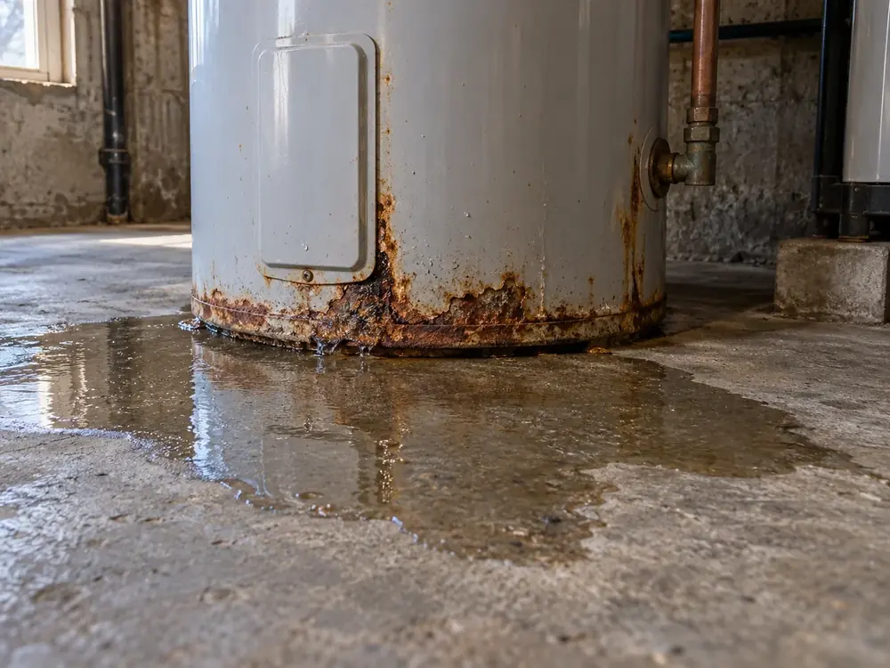 Rusty base of an old water heater surrounded by a spreading puddle