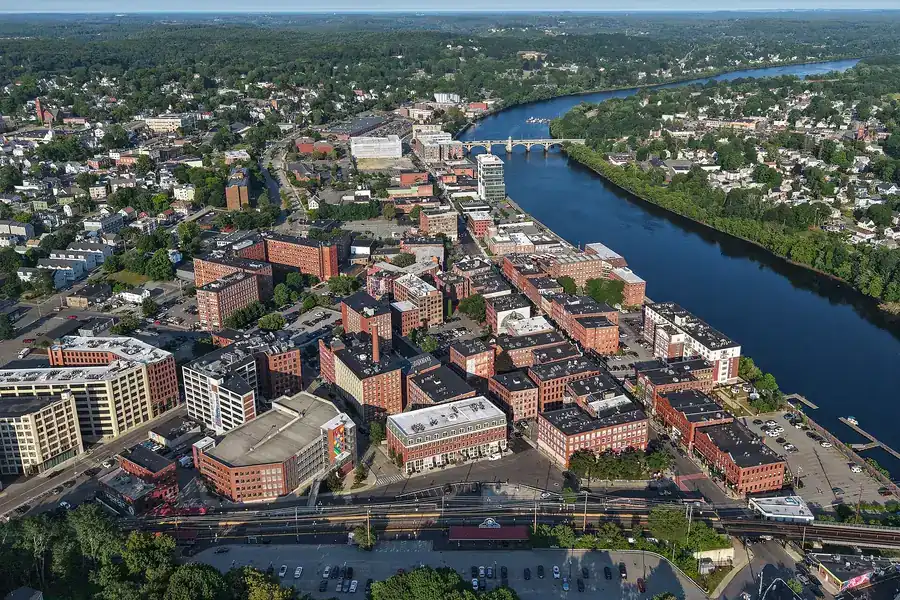 Aerial view of downtown Haverhill, Massachusetts, along the Merrimack River on a clear day