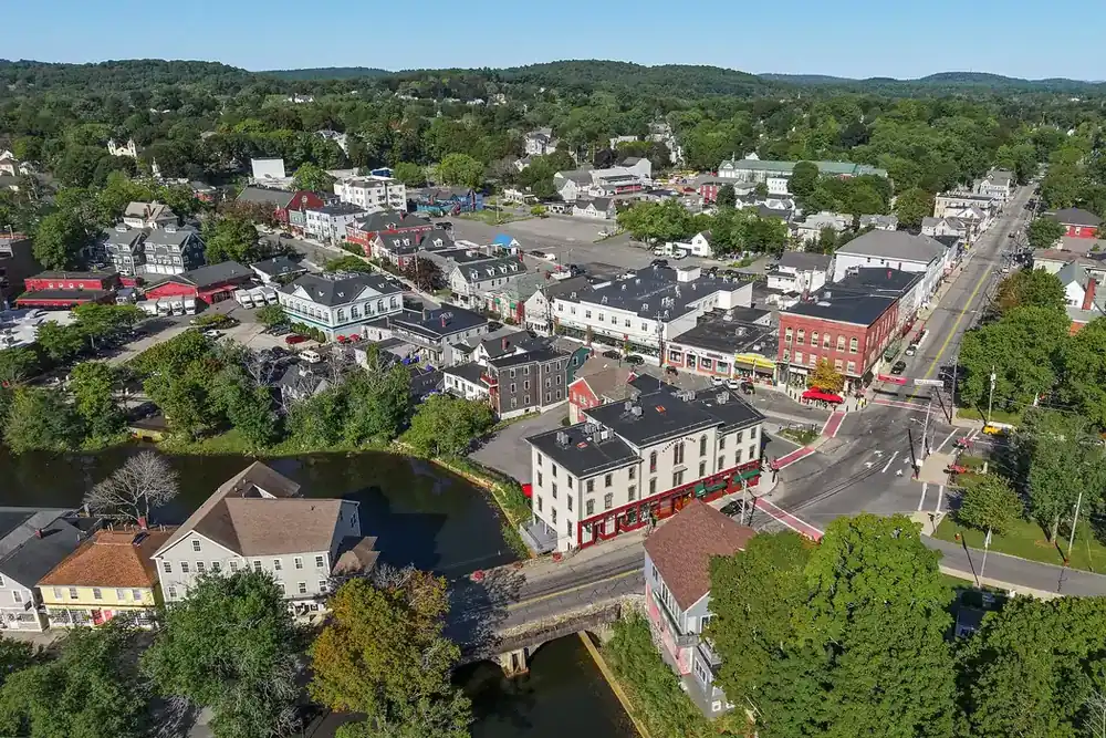 Aerial view of downtown Ipswich, Massachusetts, with historic buildings along the Ipswich River