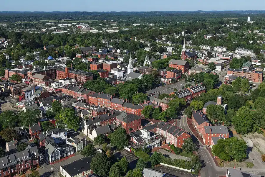 Aerial view of brick downtown buildings and church steeples in Newburyport, Massachusetts