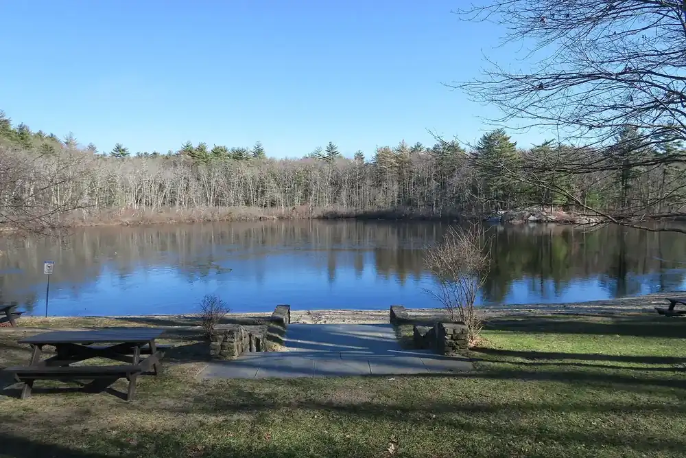Berry Pond in Harold Parker State Forest under a clear sky in North Andover, Massachusetts